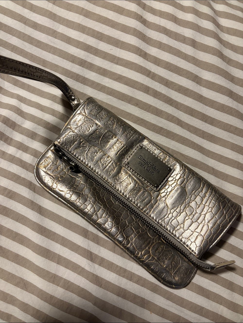 Metallic Croc-Embossed Wristlet - Silver